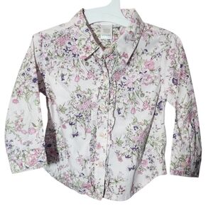 Janie and Jack Floral Girls Button Down Shirt - White and Pink with ruffles